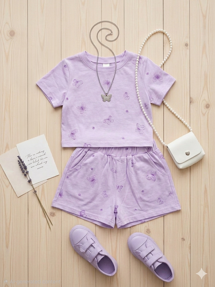 Girls' Lavender Butterfly Print Top and Shorts Co-Ord Set With Chain n Sling Bag [GCS-4975] (2-7 Years)