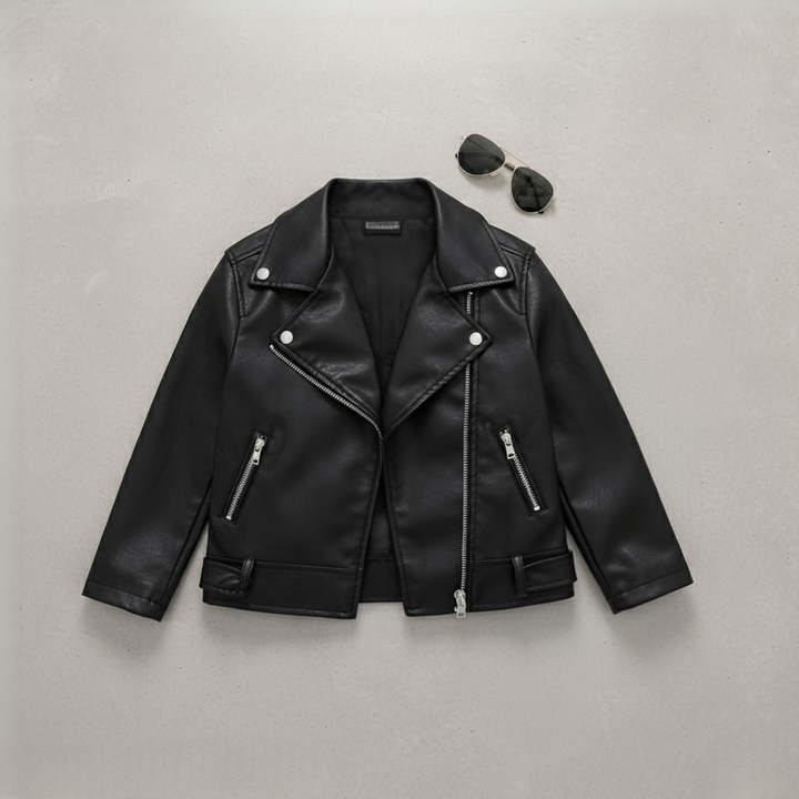 Unisex Black PU Leather Jacket with Cuban Collar, Zip Up Autumn/Winter Coat with Pockets [BT-166] [3 - 11Years]