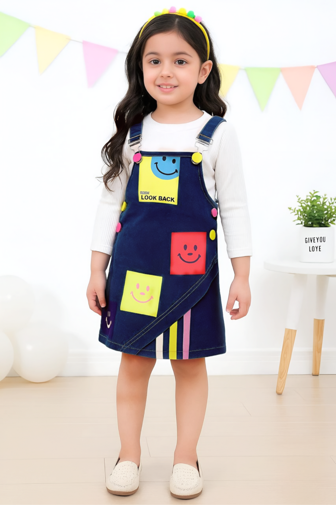 Girls Soft Denim Dark Blue Dungaree [GD-6974] (3-12Years)