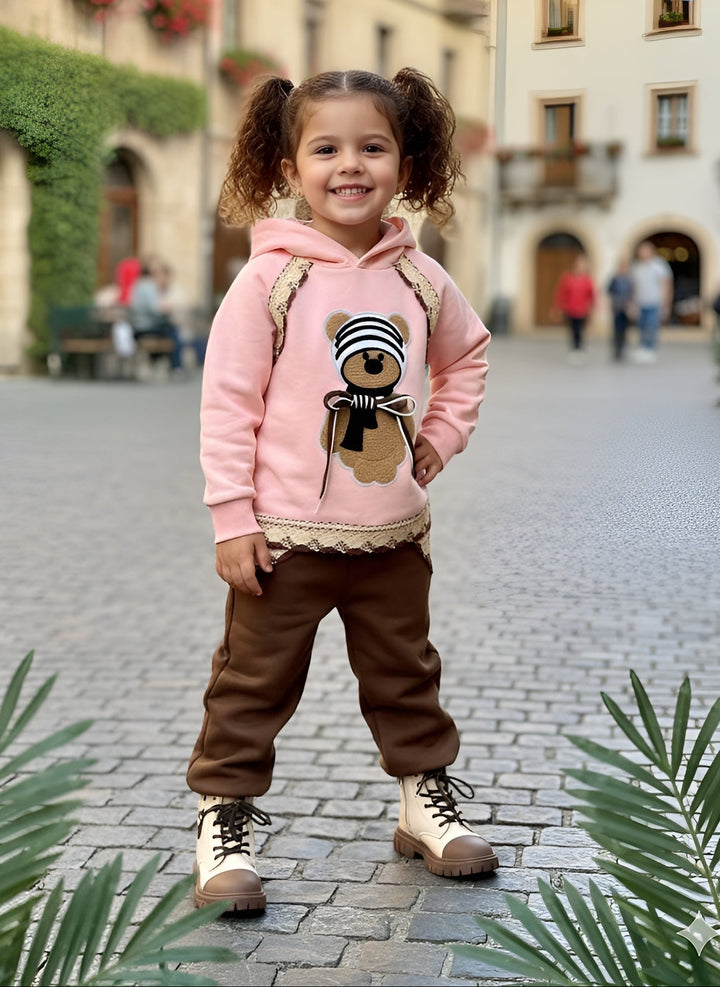 Girl's Pink Teddy Imported Hooded Co-Ord Set [GCS-6429] [1 - 5Years]