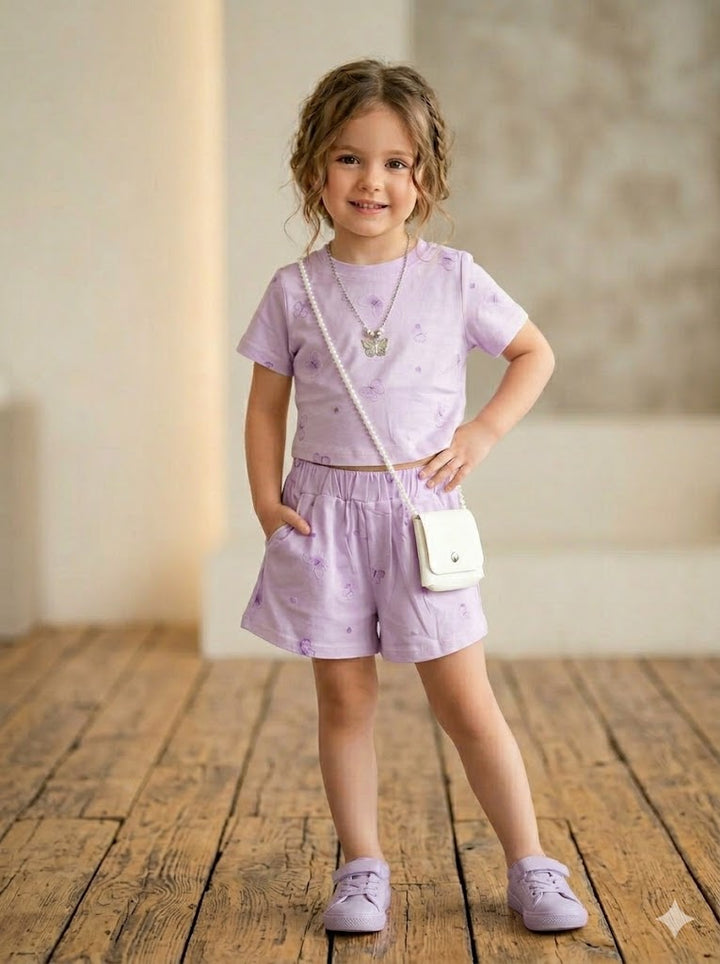 Girls' Lavender Butterfly Print Top and Shorts Co-Ord Set With Chain n Sling Bag [GCS-4975] (2-7 Years)